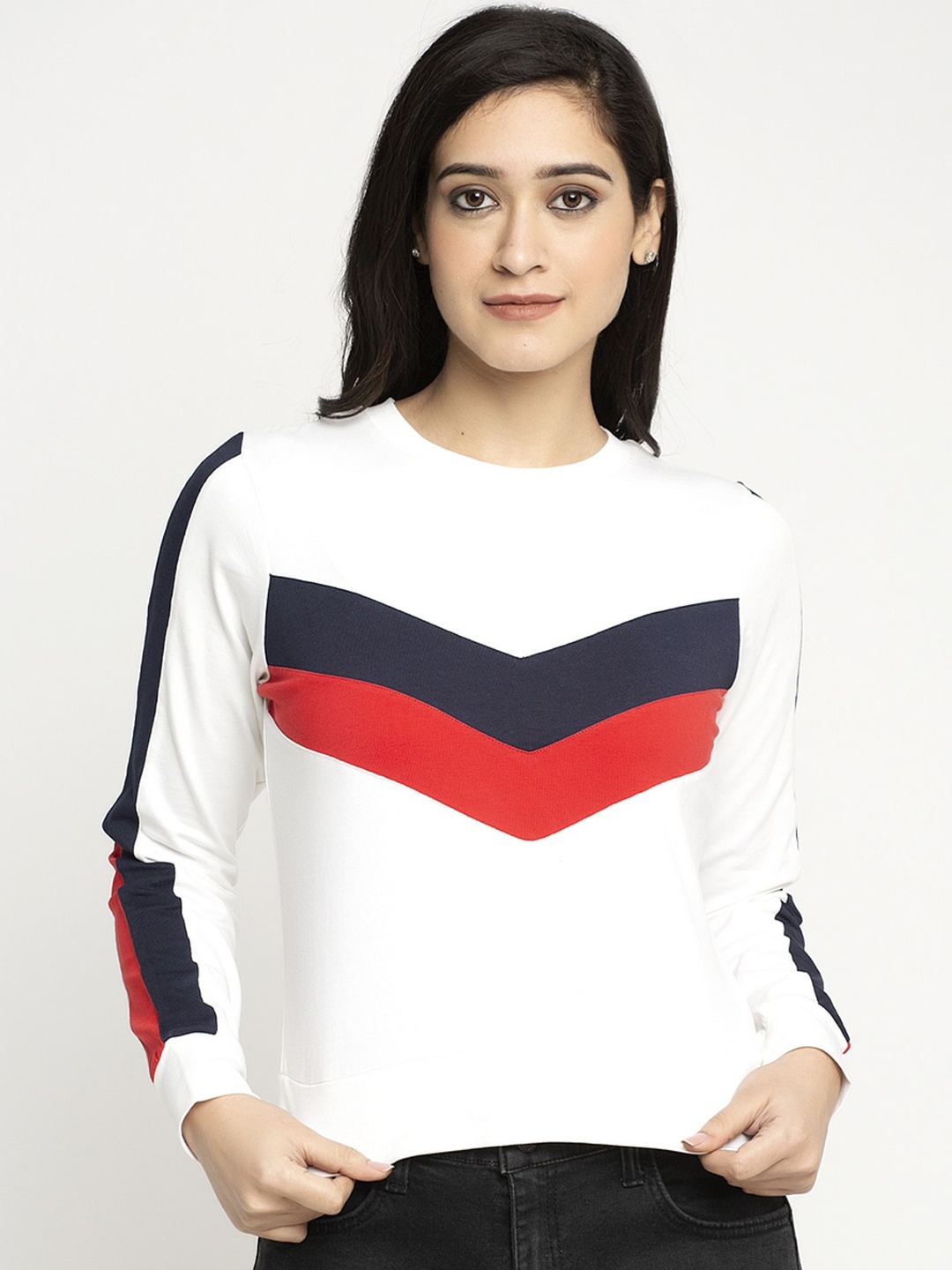 

DOOR74 Women White Striped Round Neck T-shirt
