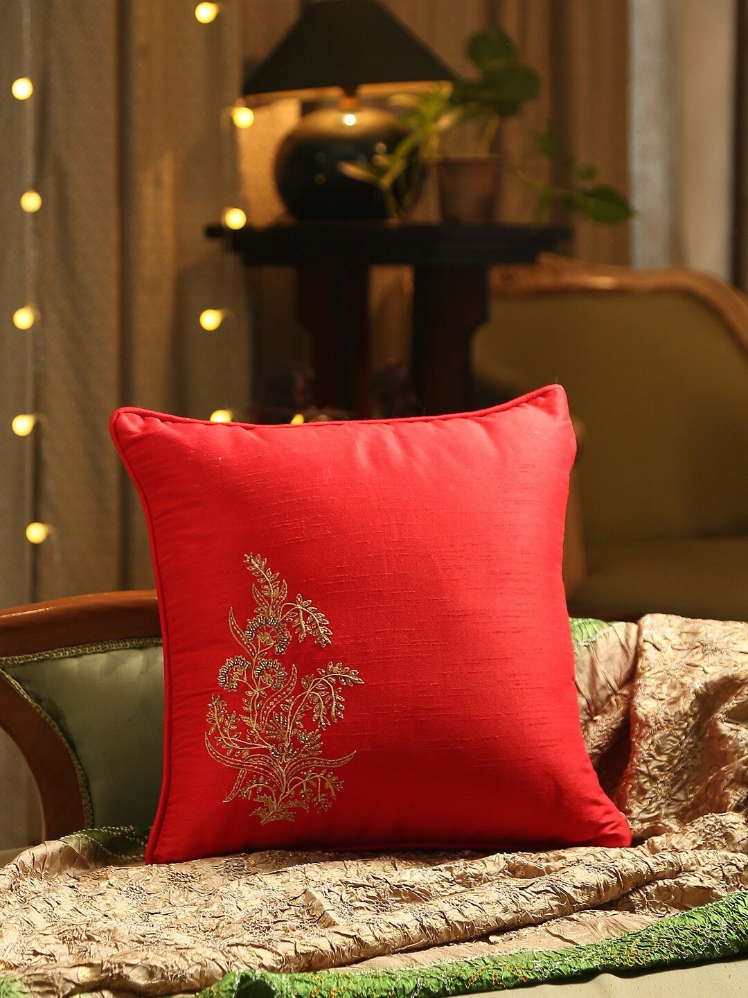 

Amoliconcepts Red & Gold-Coloured Embroidered Beaded Cushion Cover
