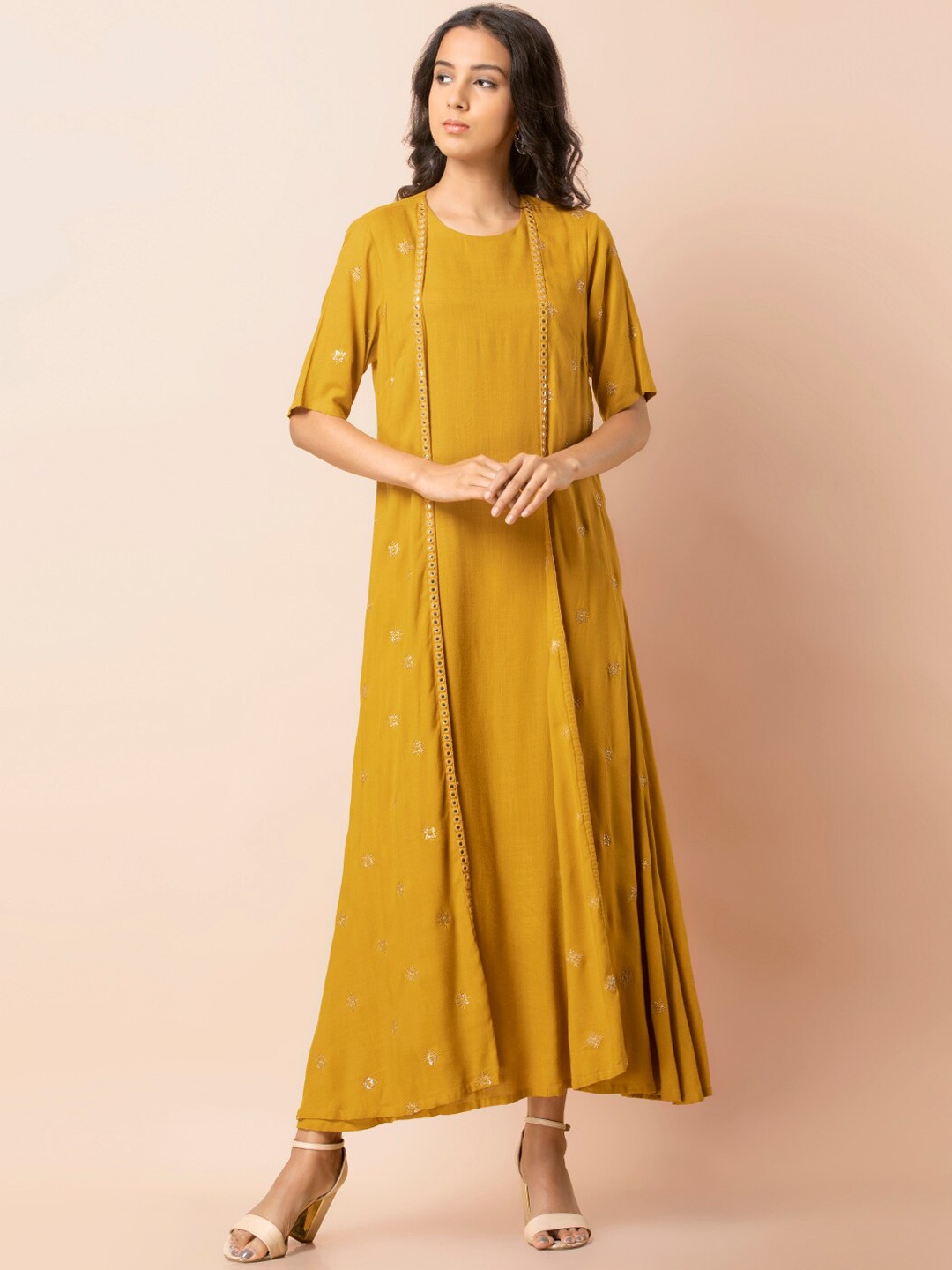 

INDYA Mustard Viscose Embroidered Jacket Tunic, Yellow