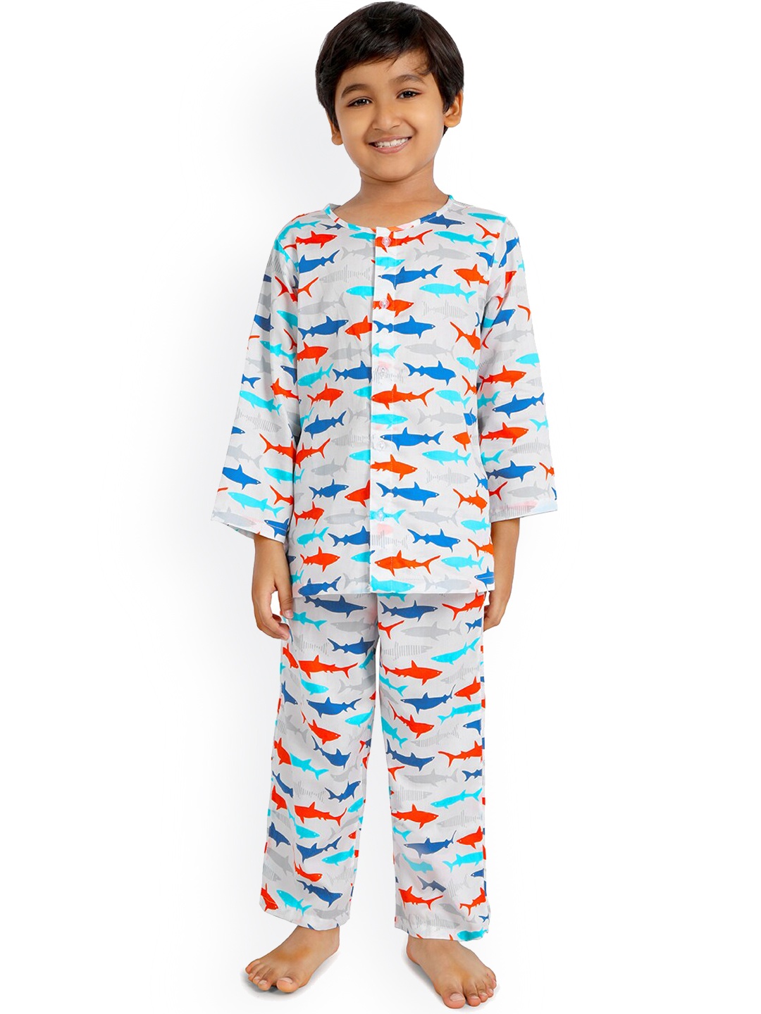 

Nigh Nigh Boys Grey & Blue Printed Sustainable Night Suit