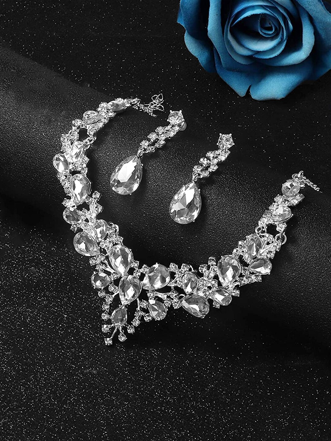 

Yellow Chimes Women Rhodium-Plated Silver-Toned Crystal Studded Jewellery Set