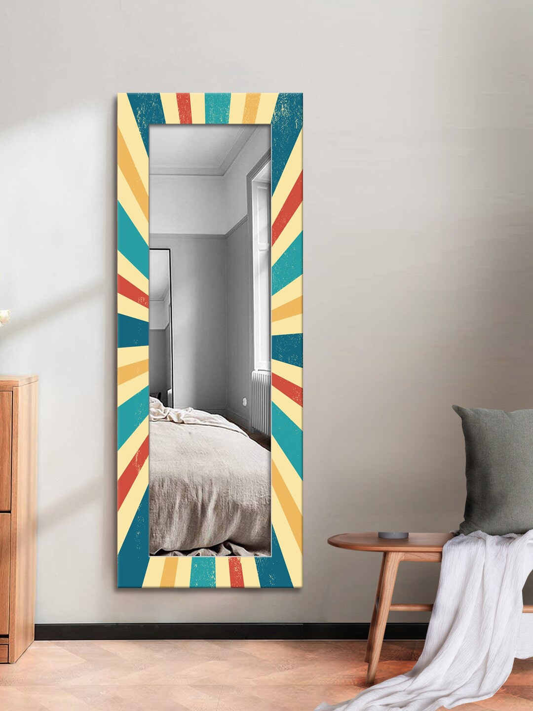 

999Store Beige & Blue Printed MDF Wall Mirror
