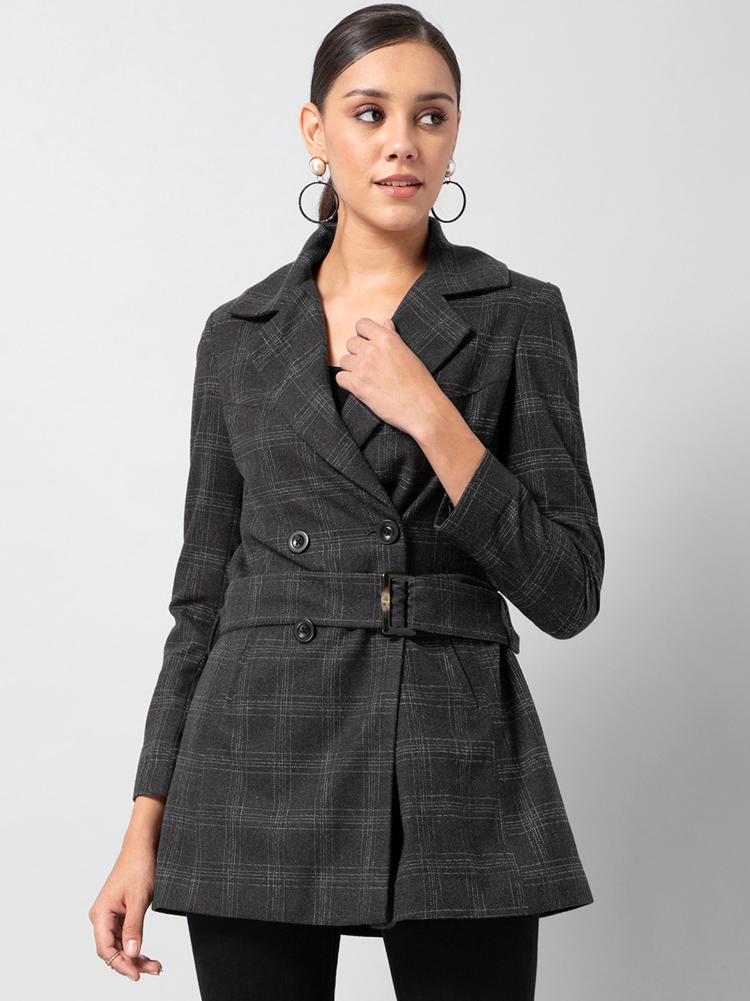 

FabAlley Women Grey Checked Belted Double-Breasted Pea Coat, Charcoal
