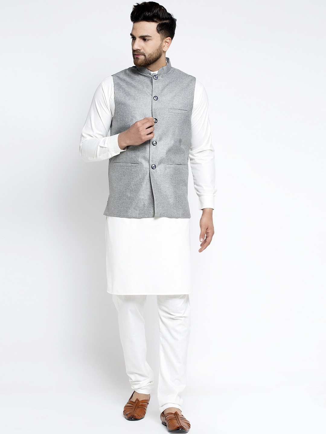 

Jompers Men White & Grey Solid Kurta with Pyjamas