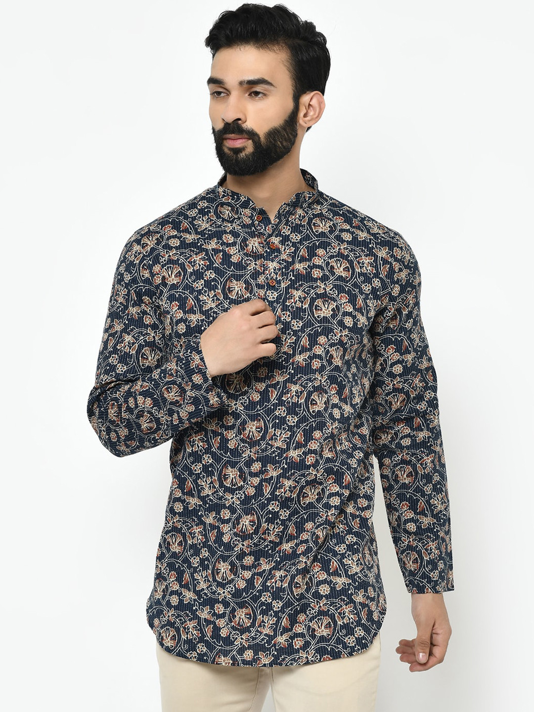 

KISAH Men Navy Blue & White Printed A-Line Kurta