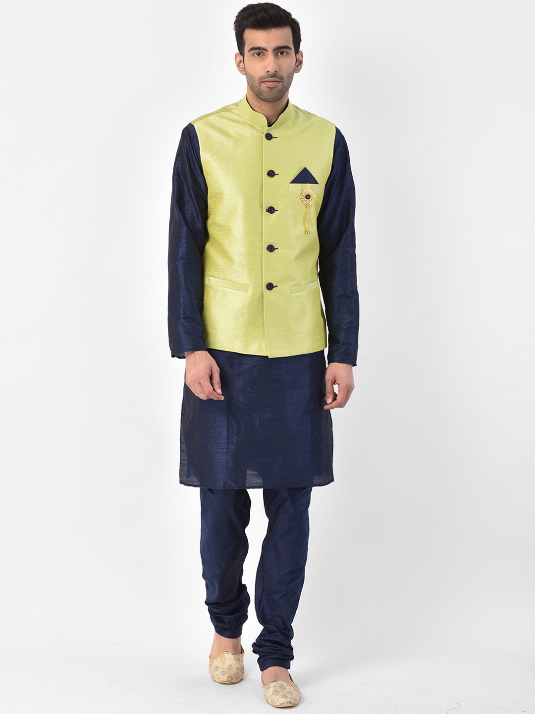 

SG LEMAN Men Navy Blue Solid Kurta with Churidar and Jacket