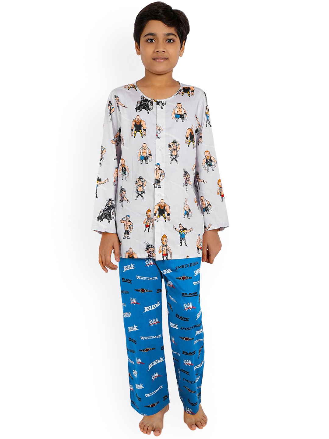 

Nigh Nigh Boys White & Blue WWE Printed Sustainable Night Suit