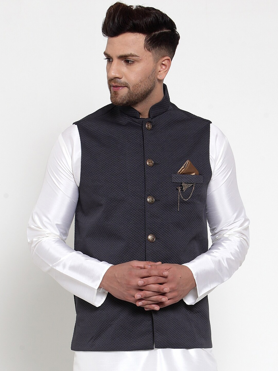 

Jompers Men Navy Blue Woven Design Nehru jacket