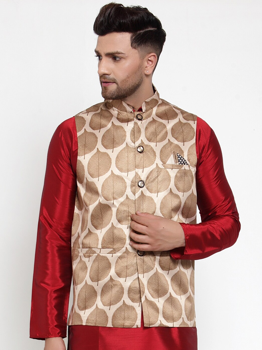 Jompers Men Beige & Brown Printed Satin Nehru Jacket