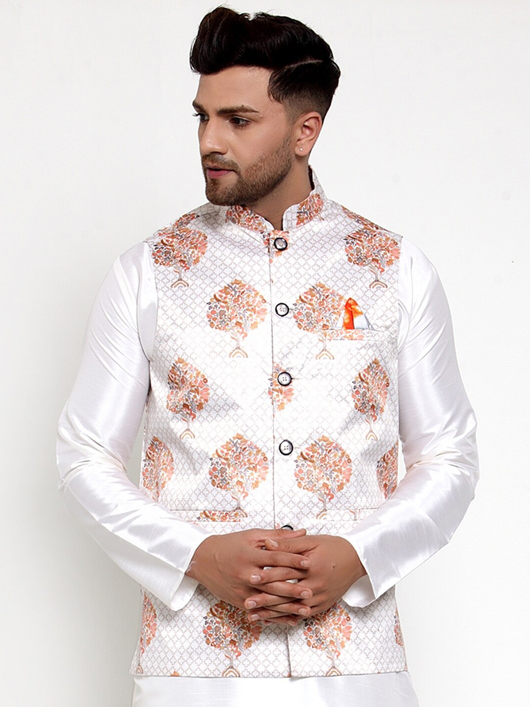 Jompers Men White & Orange Printed Nehru Jacket