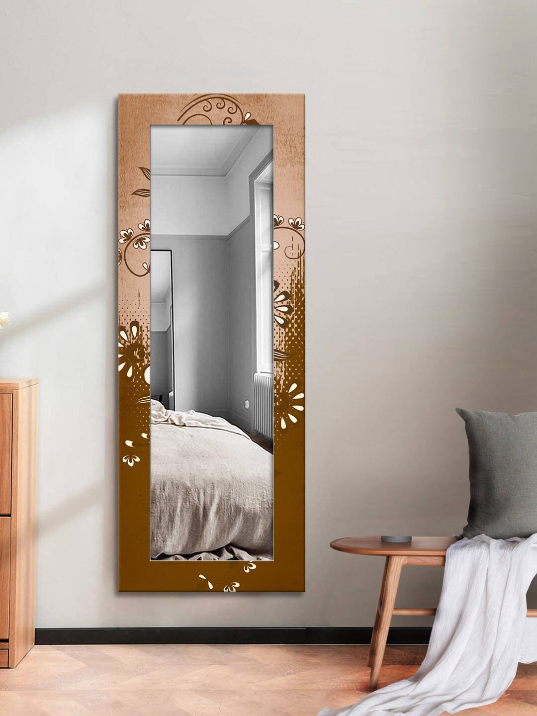 

999Store Beige & Brown Printed Wall Mirror
