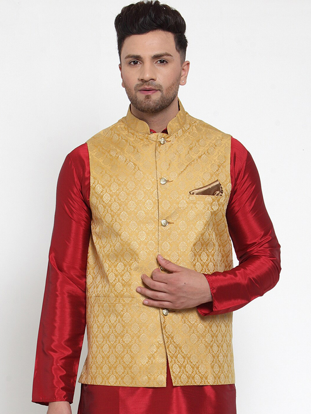 

Jompers Men Gold-Coloured Woven Design Nehru Jacket