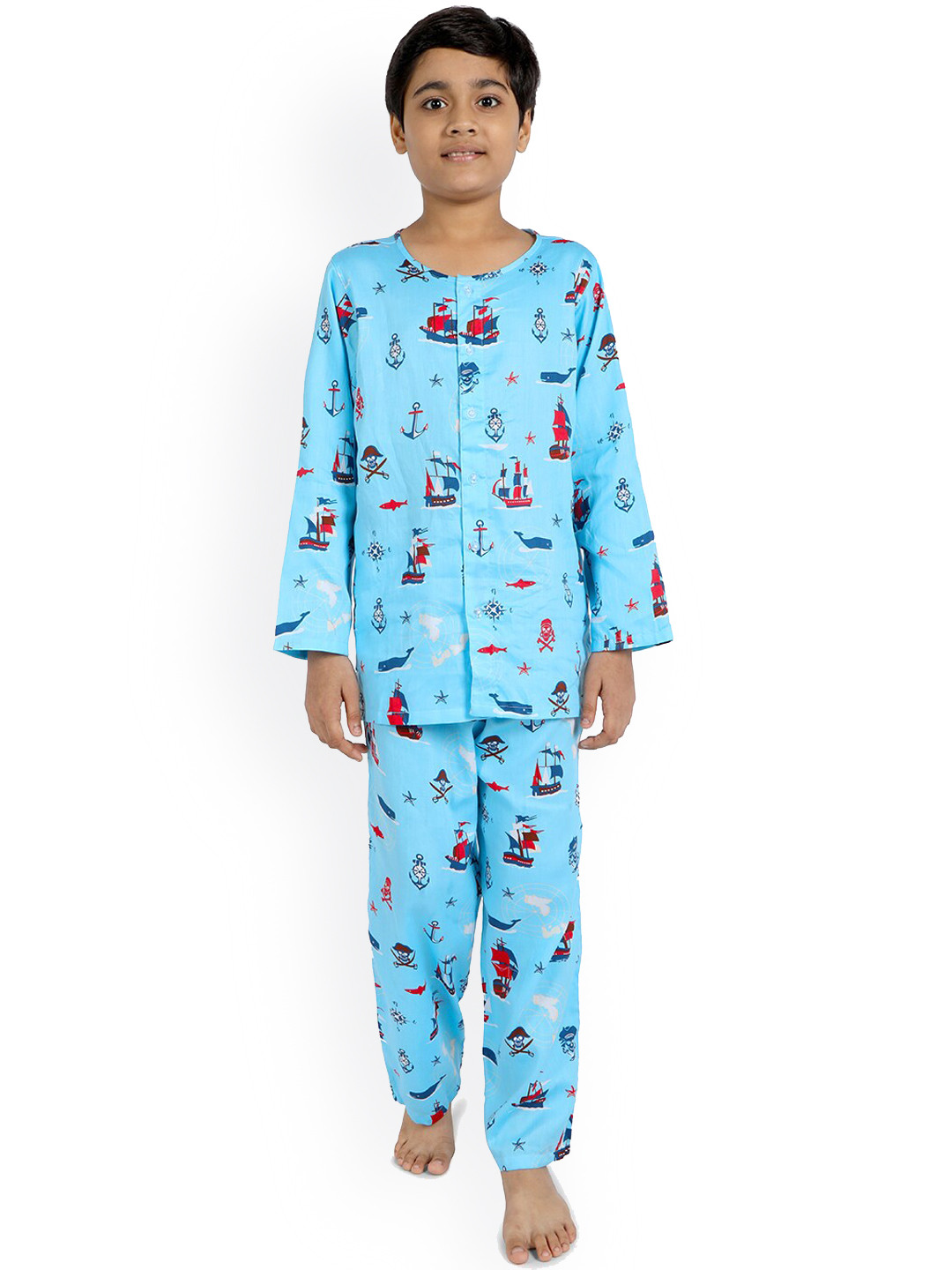 

Nigh Nigh Boys Blue Printed Sustainable Night Suit