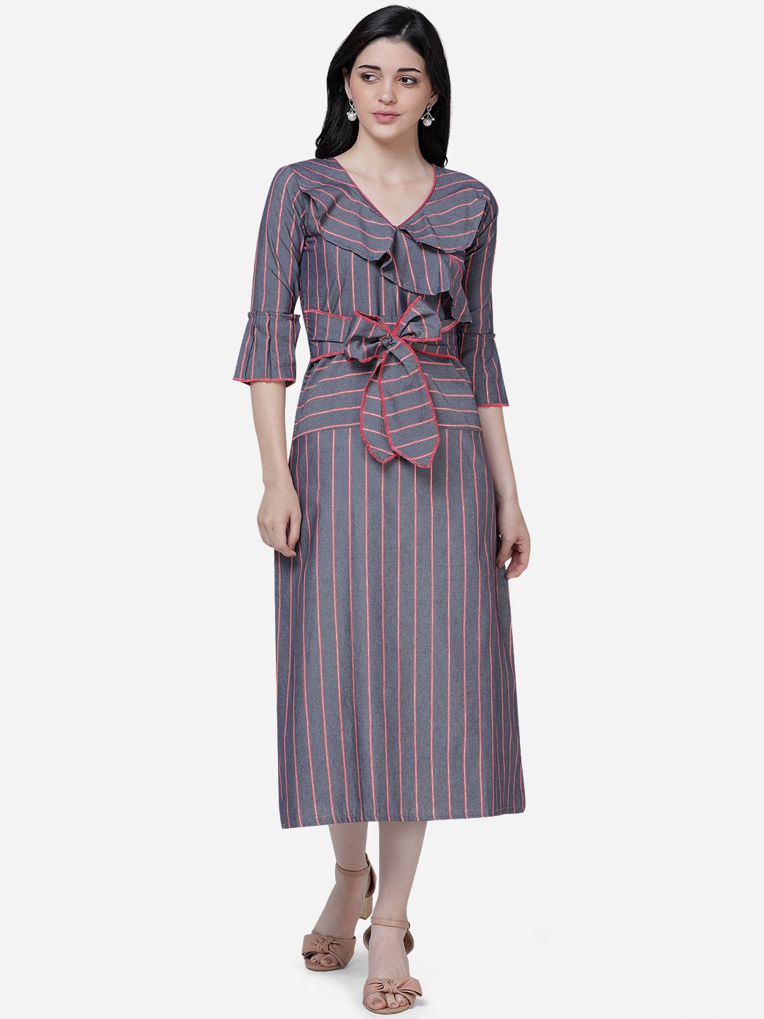 

Youthnic Women Grey & Pink Striped A-Line Dress