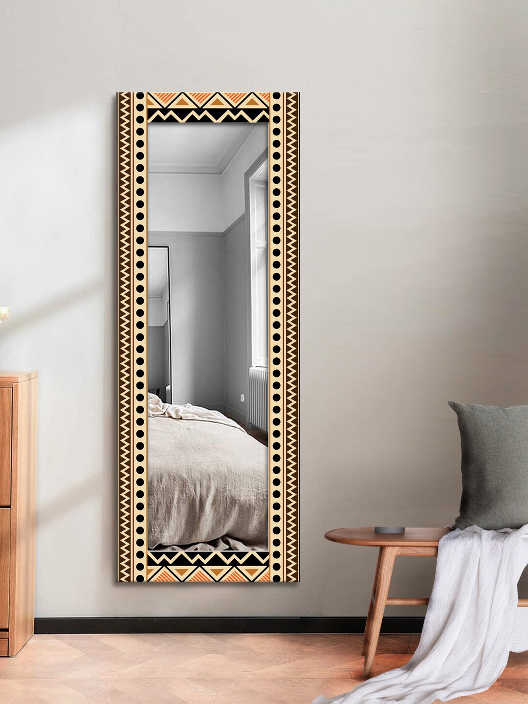 

999Store Black & Beige Printed MDF Framed Wall Mirror