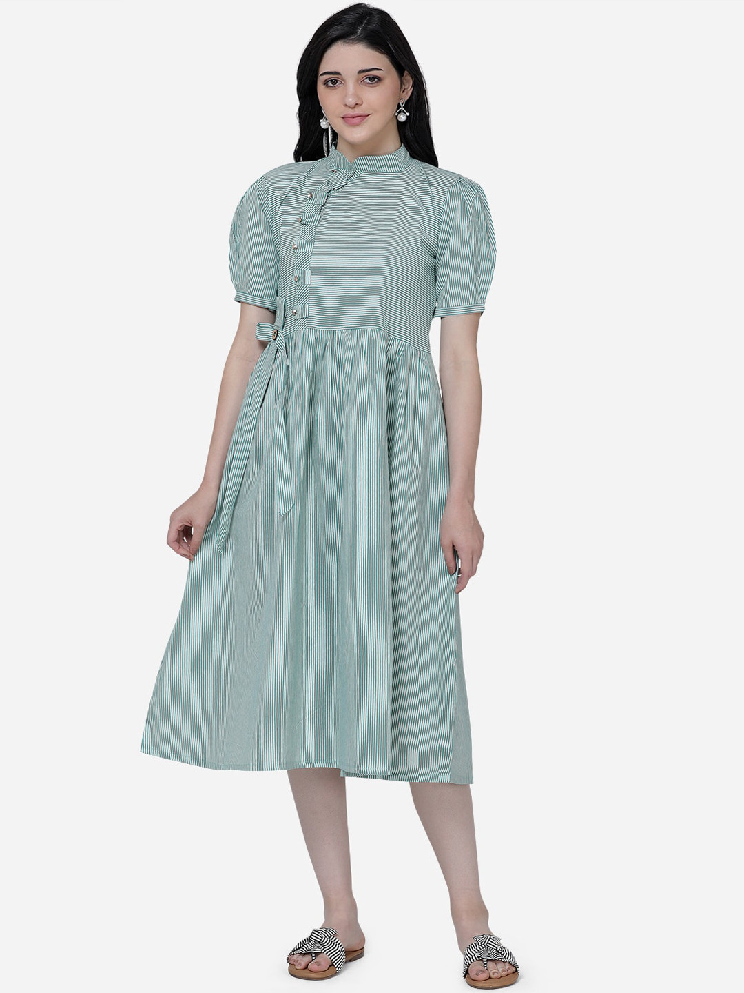 

Youthnic Women Blue Striped Fit and Flare Dress