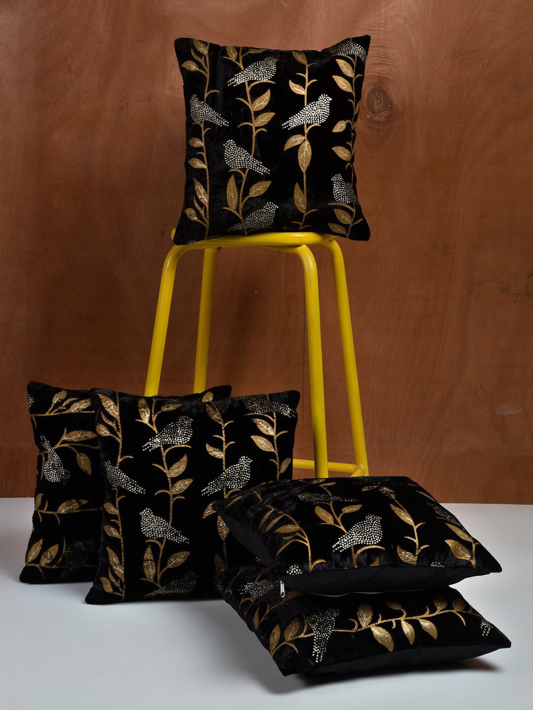 

HOSTA HOMES Black Set of 5 Floral Velvet Square Cushion Covers