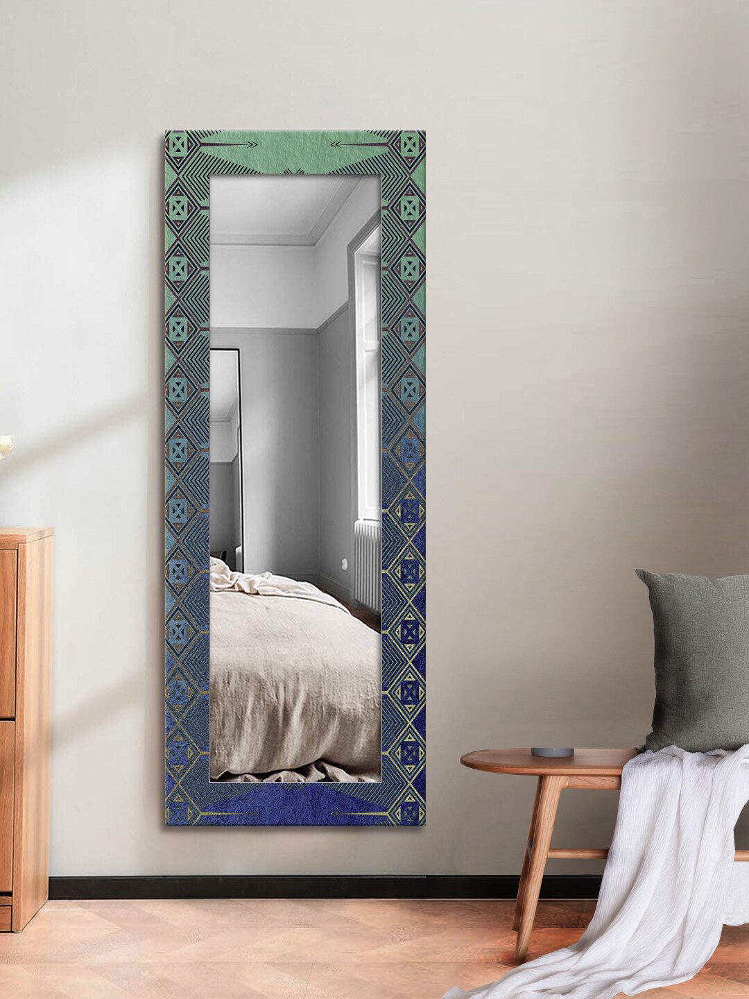 

999Store Teal Blue & Black Printed MDF Framed Wall Mirror