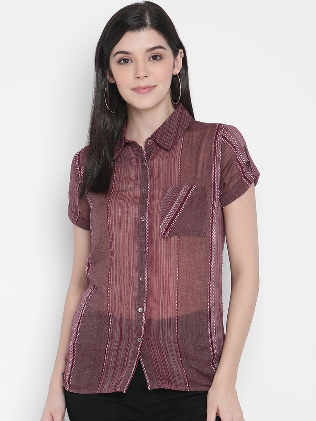 

Porsorte Women Maroon & White Regular Fit Striped Cotton Casual Shirt