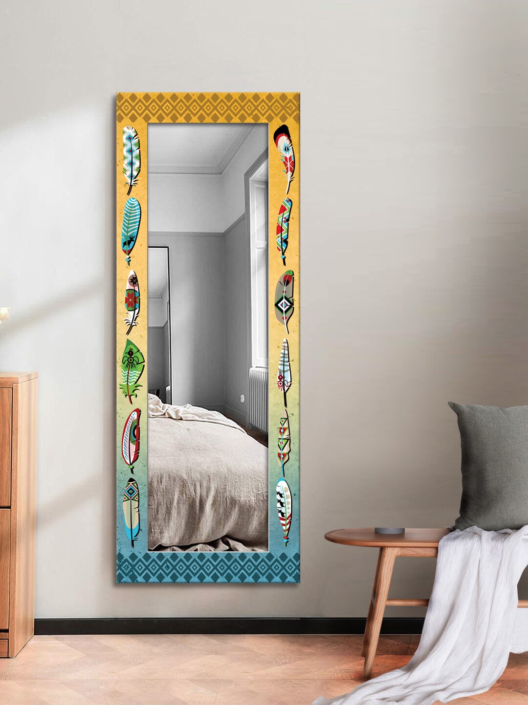 

999Store Yellow & Blue Printed Wall Mirror
