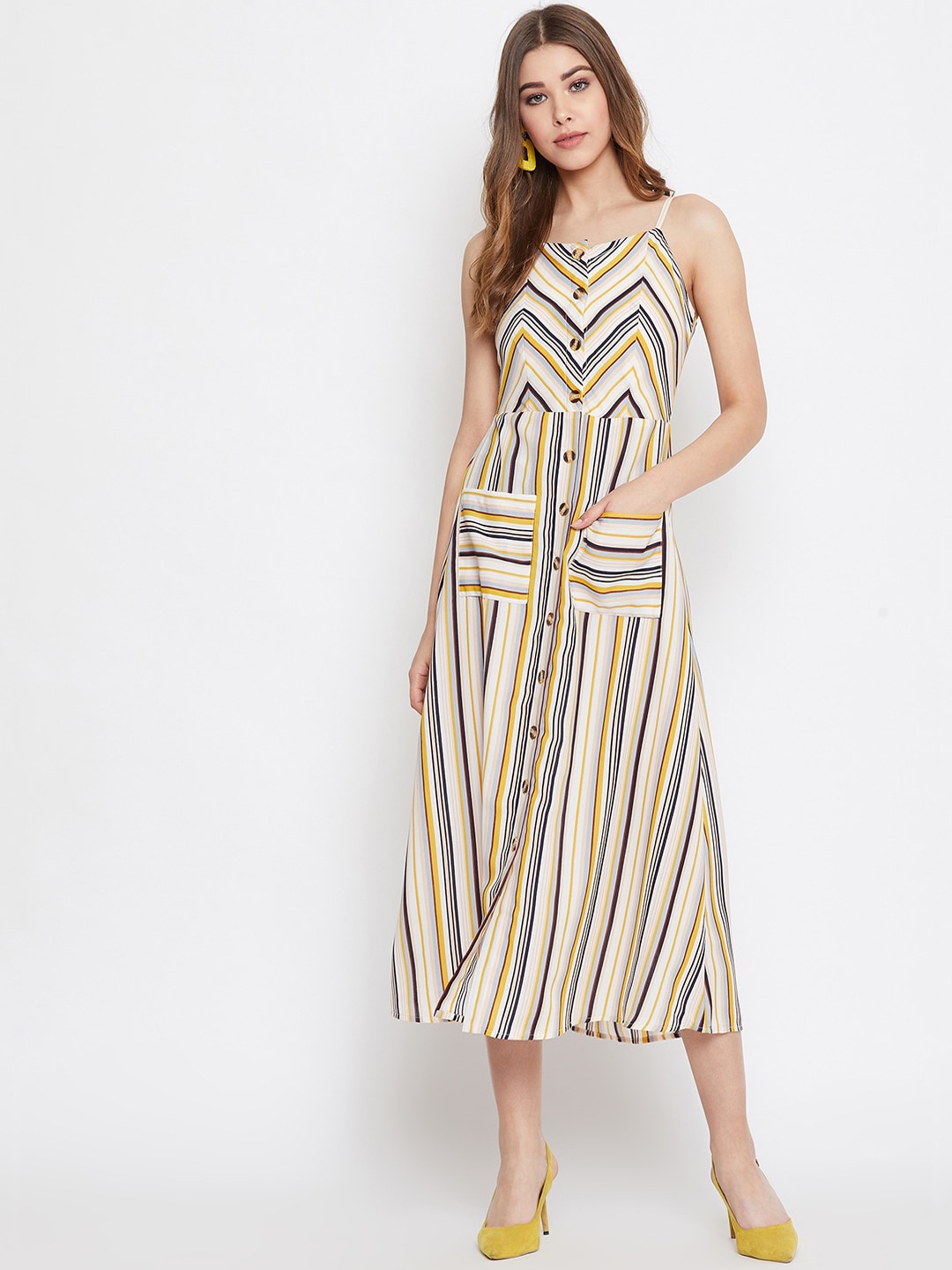 Berrylush Women Beige & Yellow Striped Fit and Flare Dress
