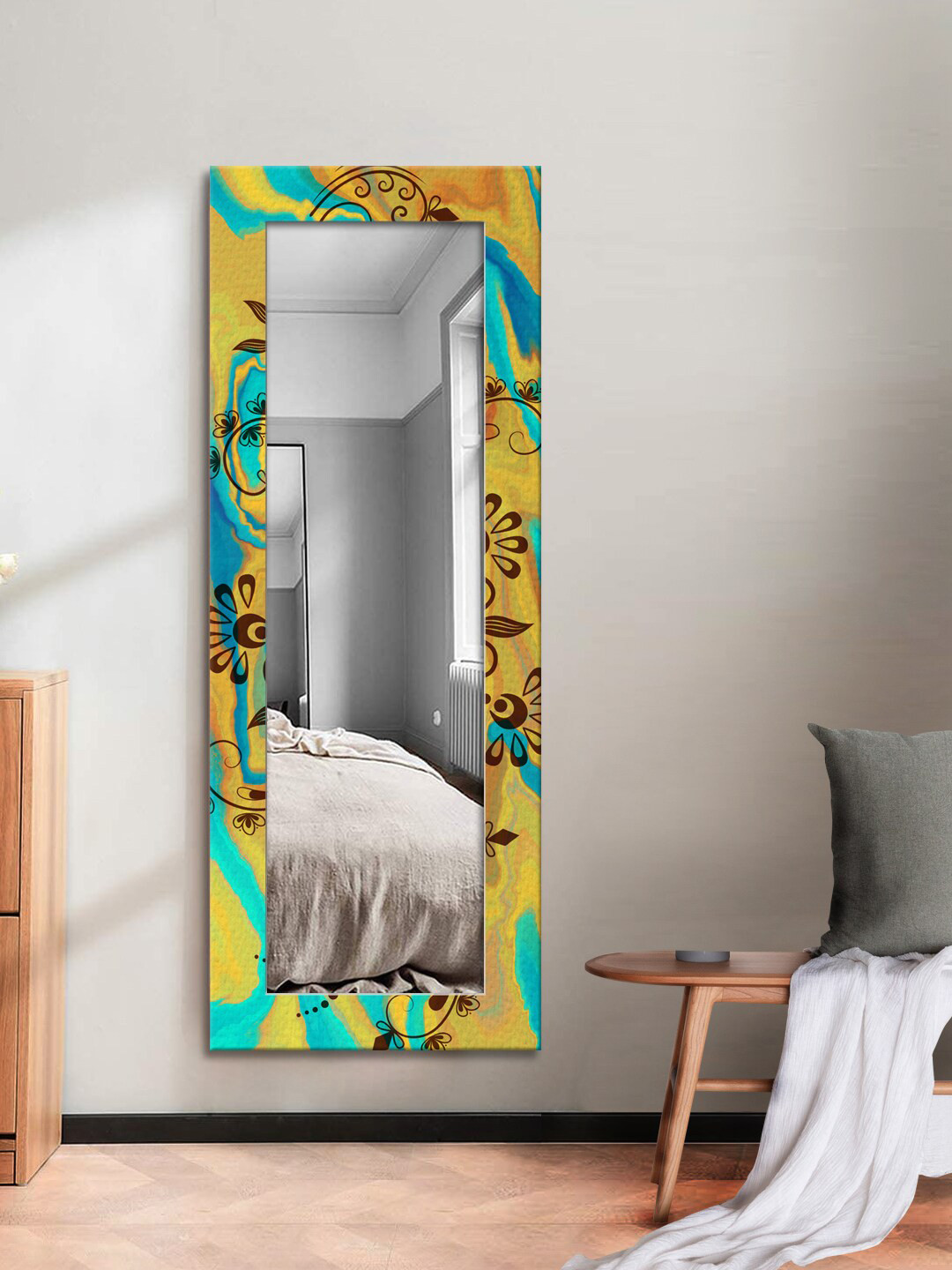 

999Store Yellow & Blue Printed Wall Mirror