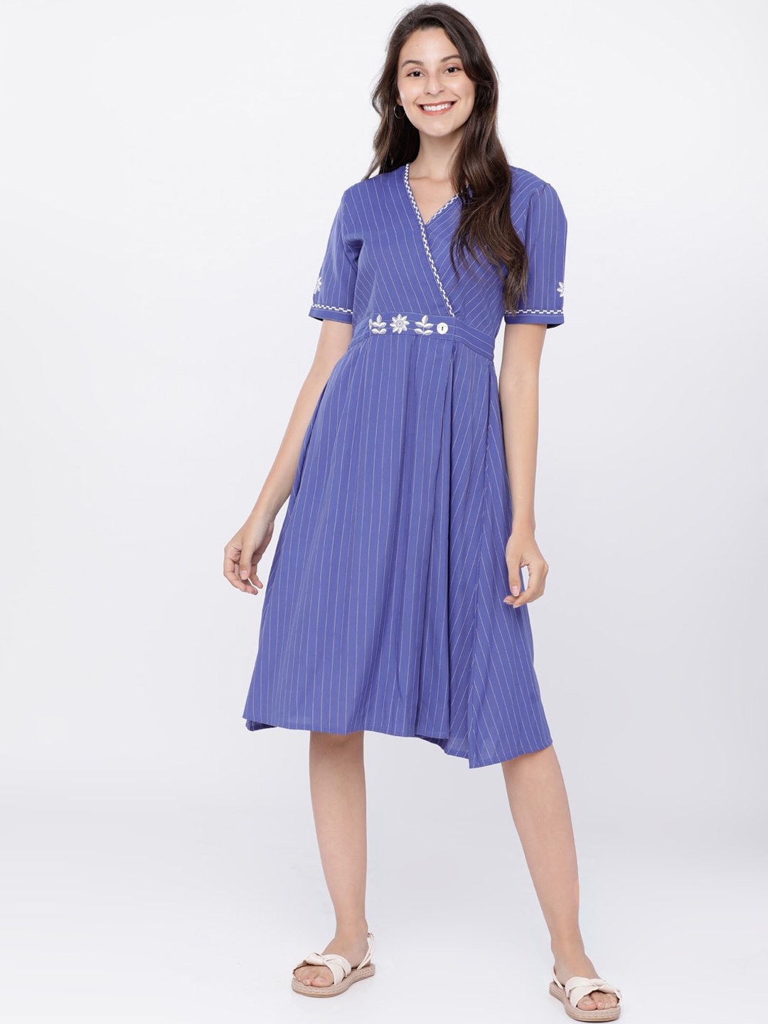 

Vishudh Women Blue & White Striped Wrap Dress