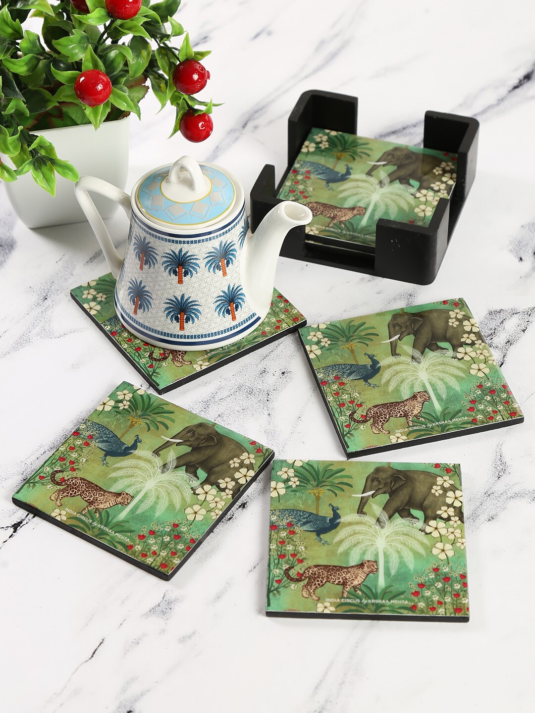 

India Circus by Krsnaa Mehta Set of 6 Green Printed Coasters