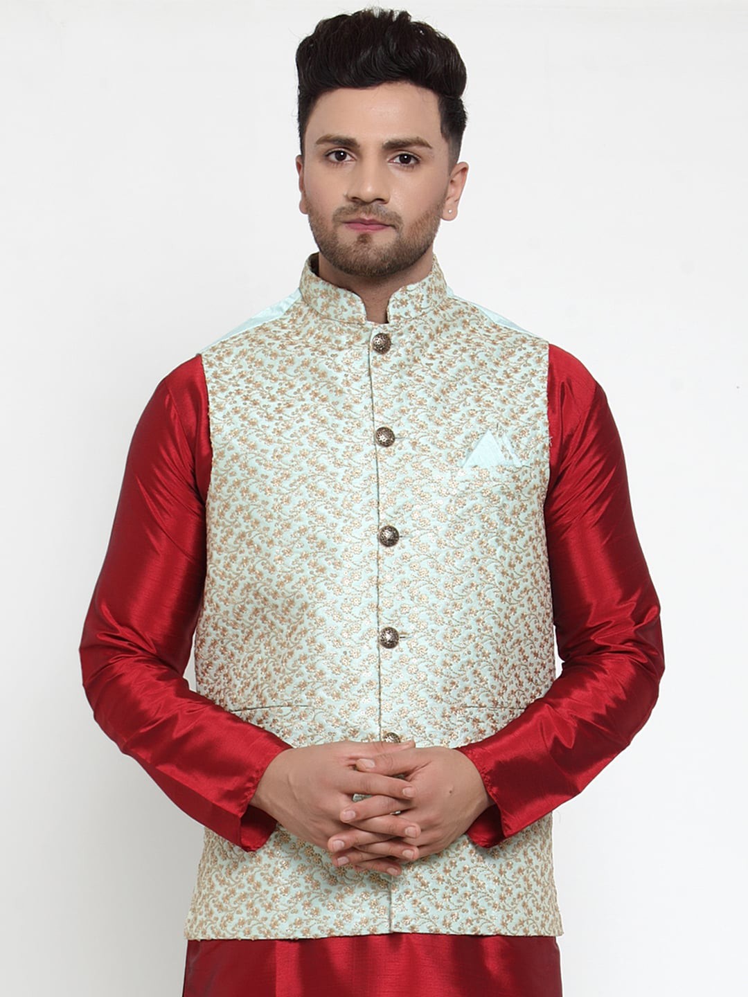 

Jompers Men Turquoise Blue & Gold-Coloured Embroidered Woven Nehru Jacket