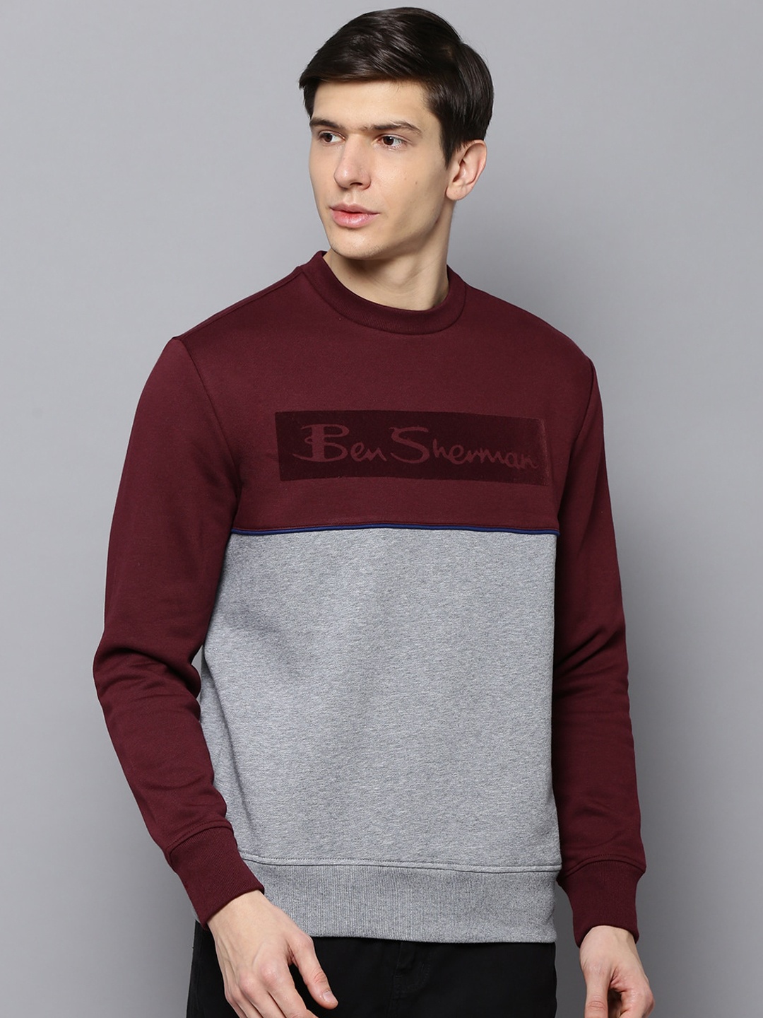 

BEN SHERMAN Men Maroon & Grey Colourblocked Sweatshirt