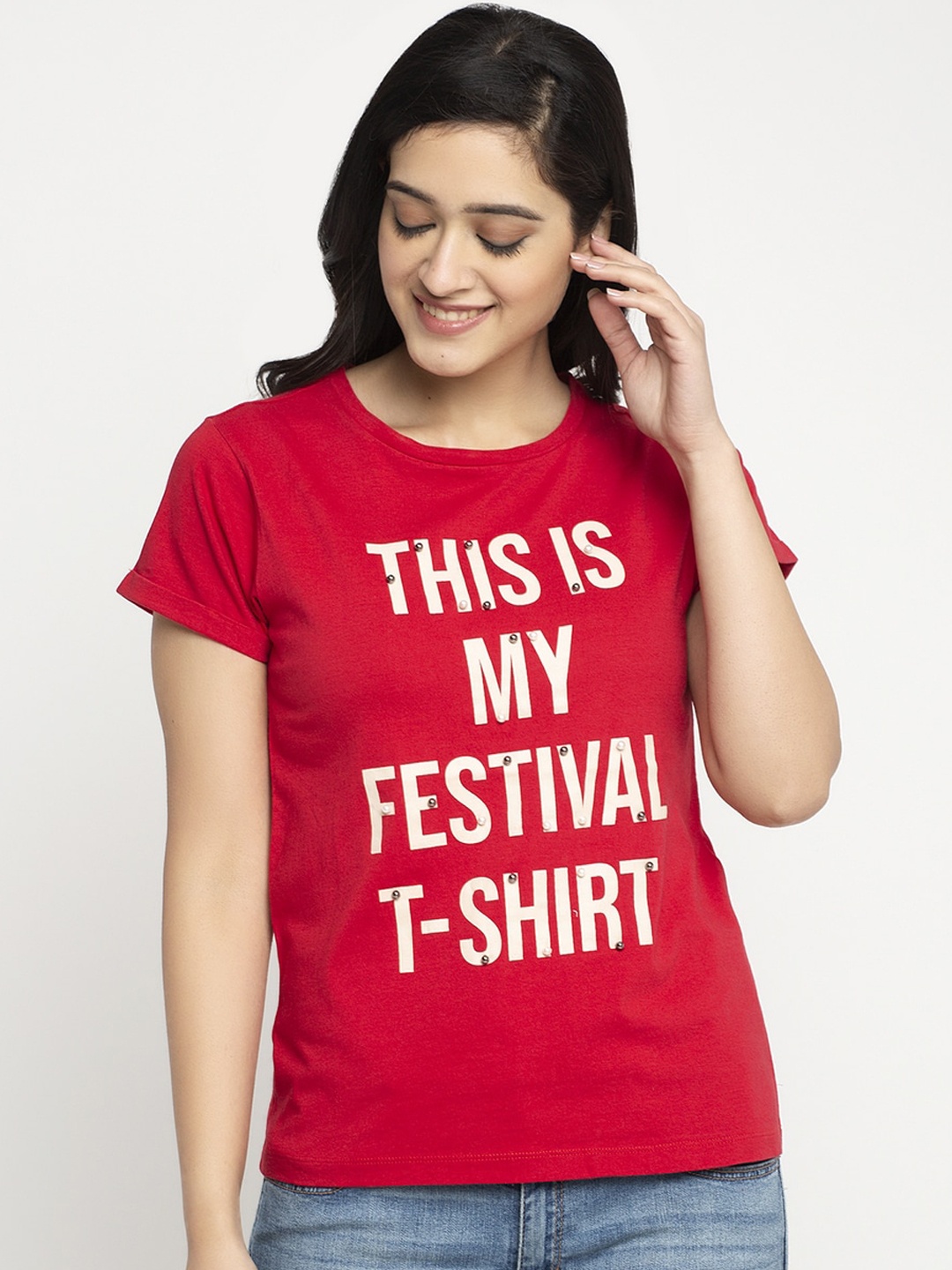 

DOOR74 Women Red Printed Round Neck T-shirt