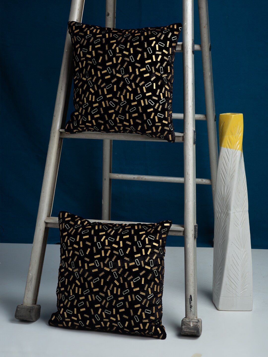 

HOSTA HOMES Black & Yellow Set of 2 Embellished Square Velvet Cushion Covers