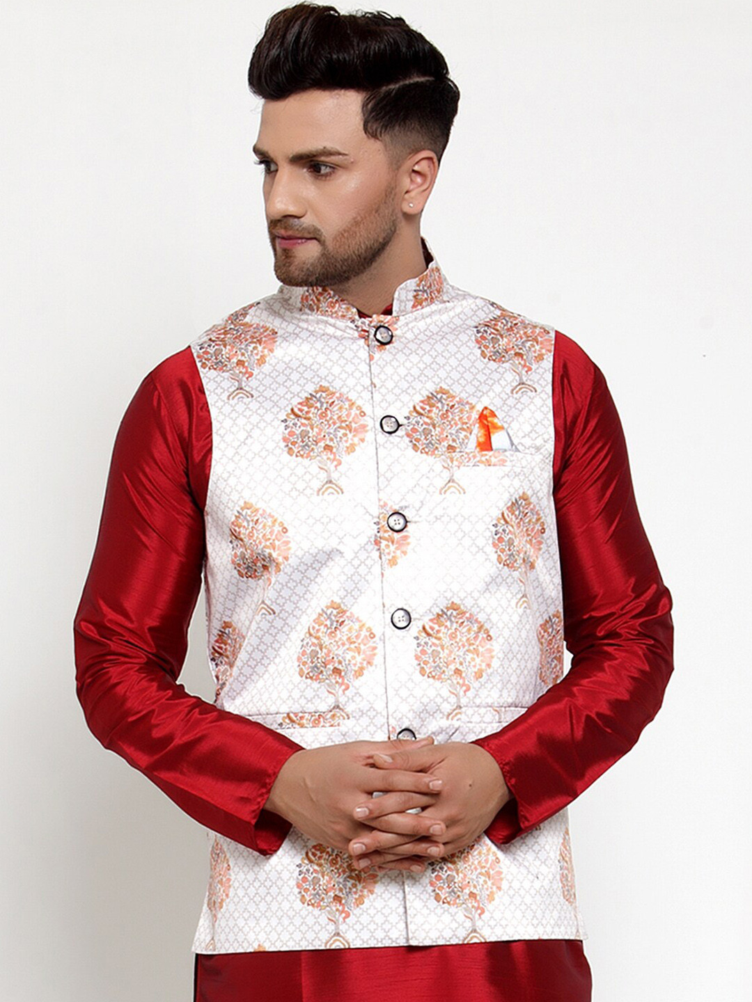 

Jompers Men White & Red Printed Nehru Jacket
