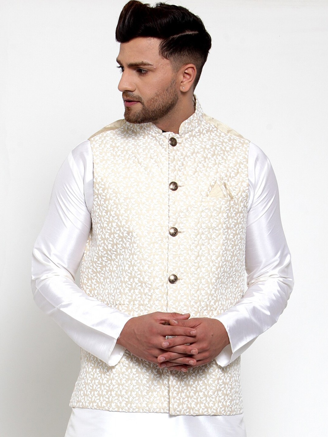 

Jompers Men Beige Embroidered Nehru Jacket