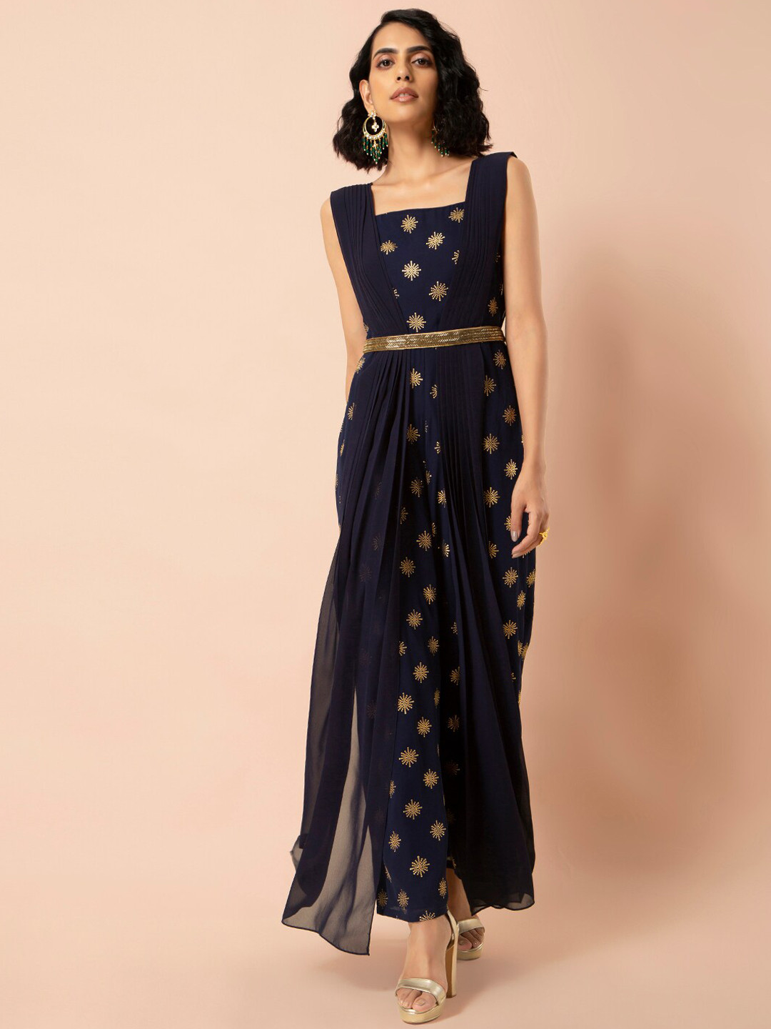 

INDYA Women Navy Blue & Golden Foil Print Double Dupatta Belted Jumpsuit