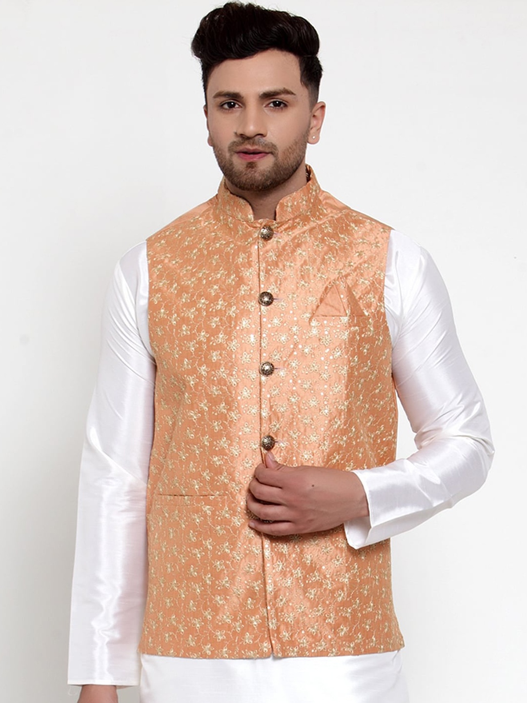 

Jompers Men Peach-Colour & Gold-Colour Embroidered Nehru Jacket