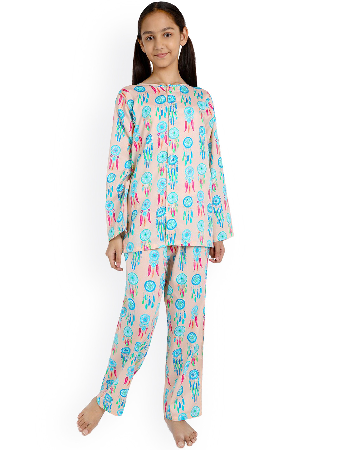 

Nigh Nigh Girls Pink & Turquoise Blue Printed Sustainable Night Suit