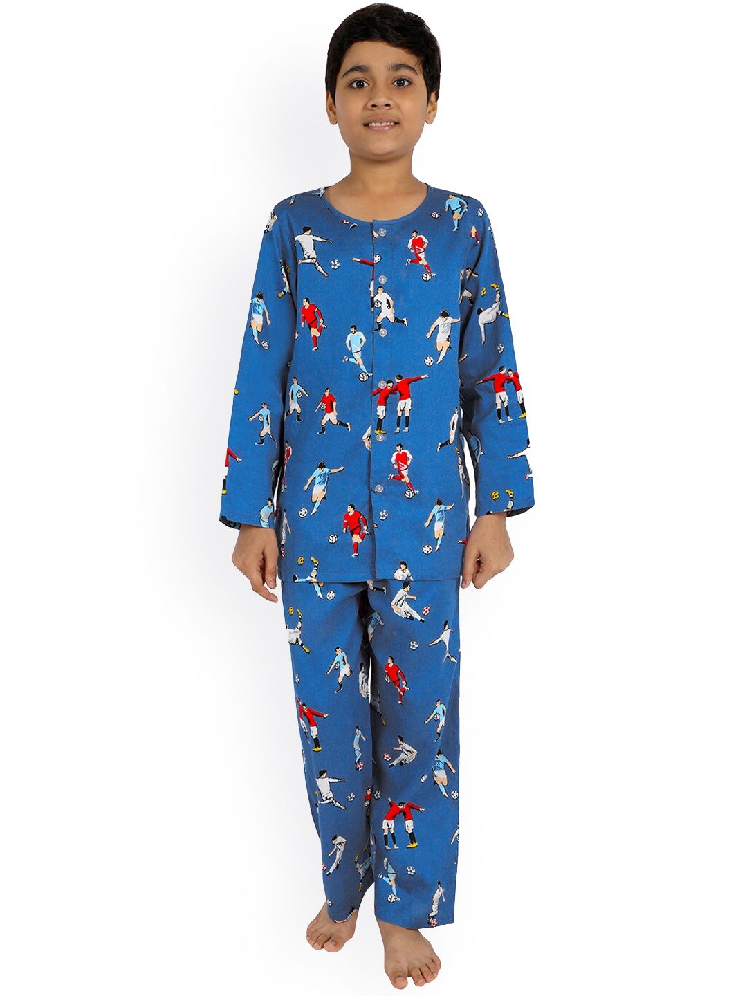 

Nigh Nigh Boys Navy Blue & Red Printed Sustainable Night Suit