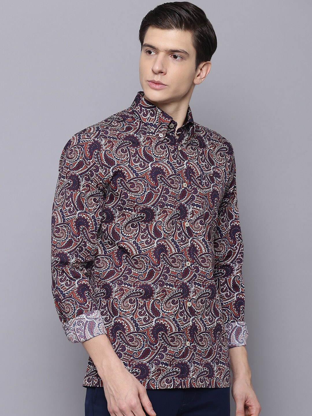 

BEN SHERMAN Men Navy Blue & Orange Slim Fit Printed Casual Shirt