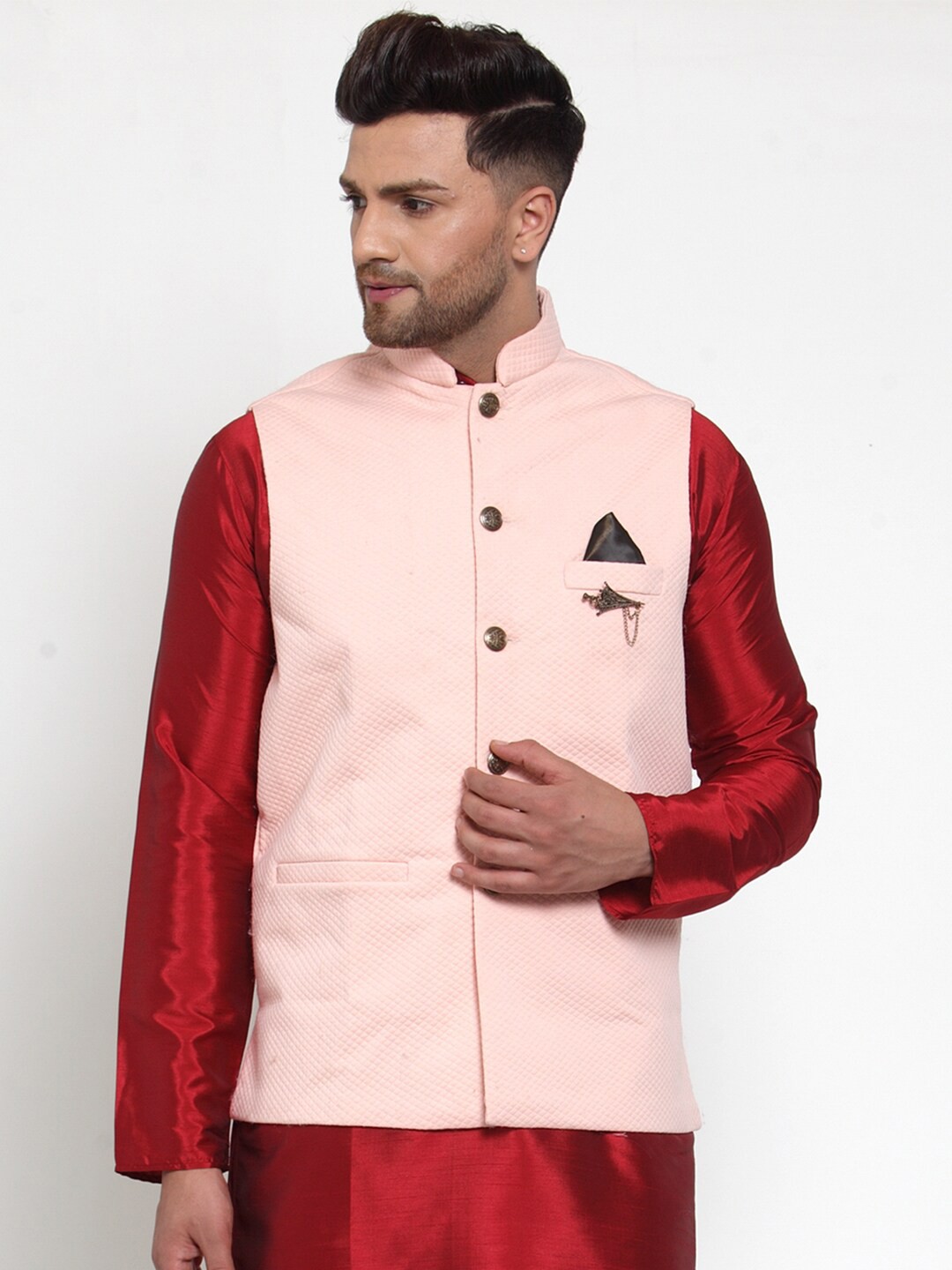 

Jompers Men Pink Quilted Woven-Design Nehru Jacket