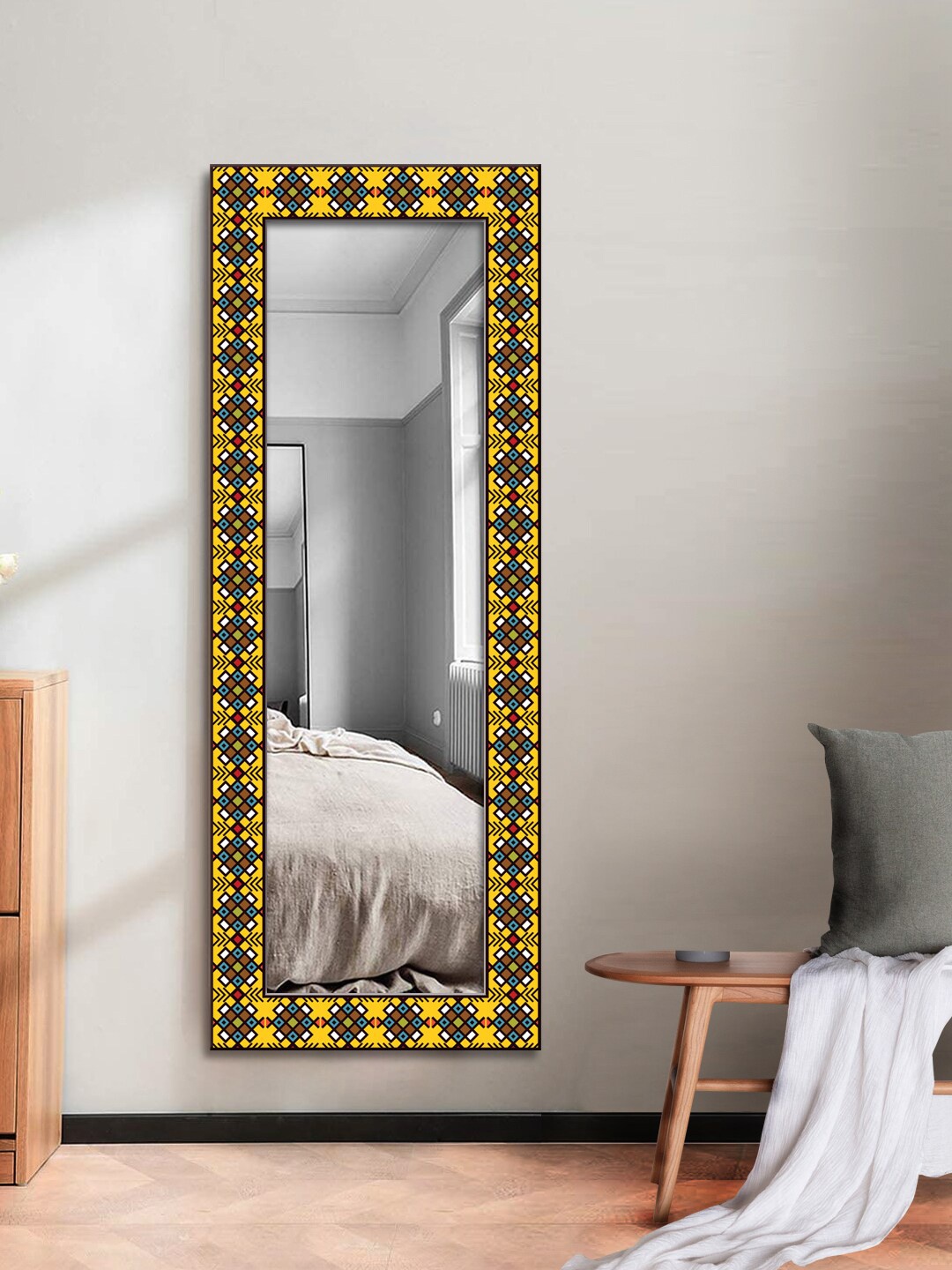 

999Store Yellow & Blue Printed Wall Mirror