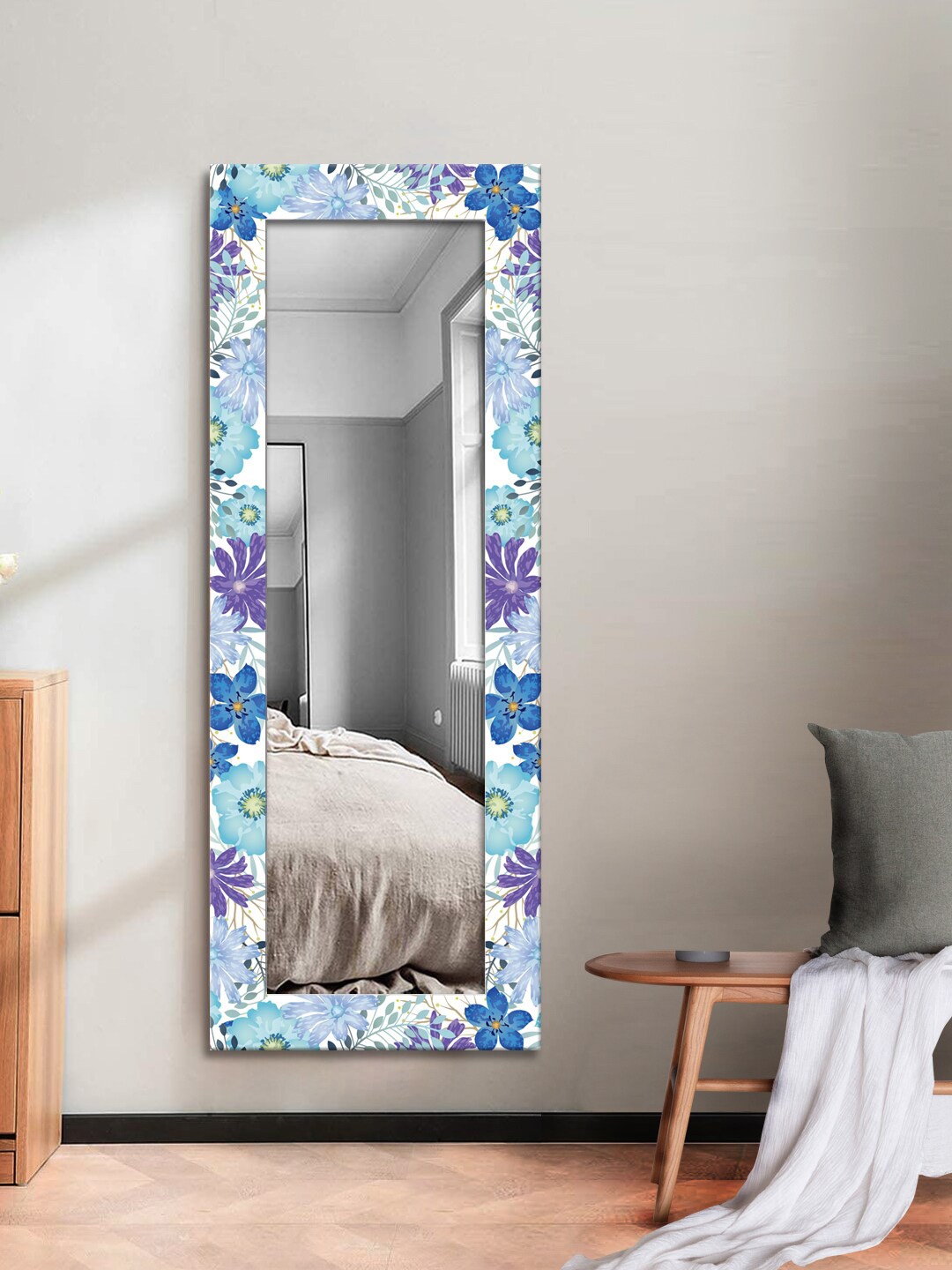 

999Store Blue & White Printed MDF Framed Wall Mirror