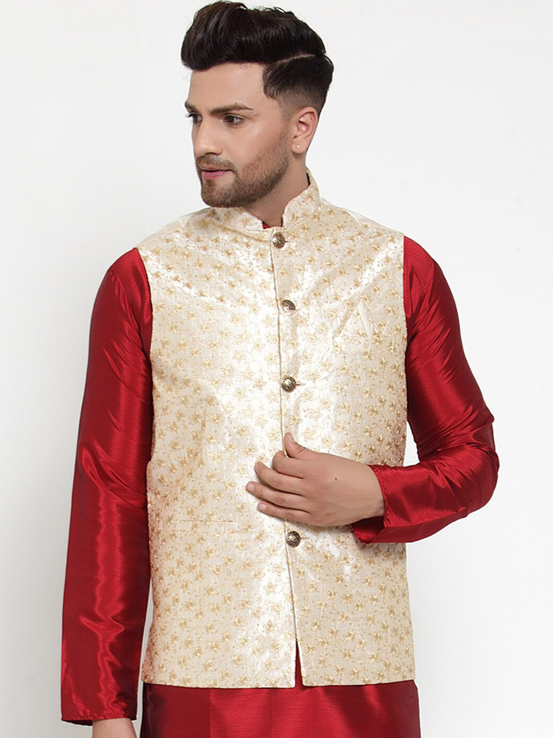 

Jompers Men Cream & Gold-Coloured Embroidered Woven Nehru Jacket