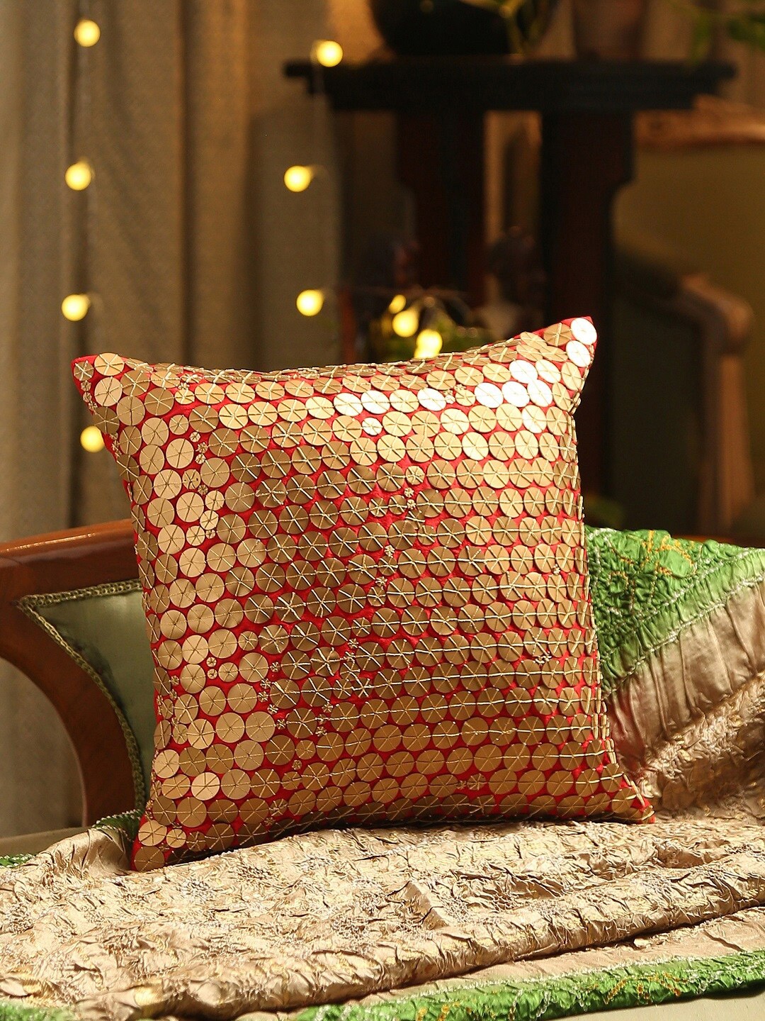 

Amoliconcepts Red & Gold-Toned Exclusively Embellished Handcrafted Patra Work Cushion Cover