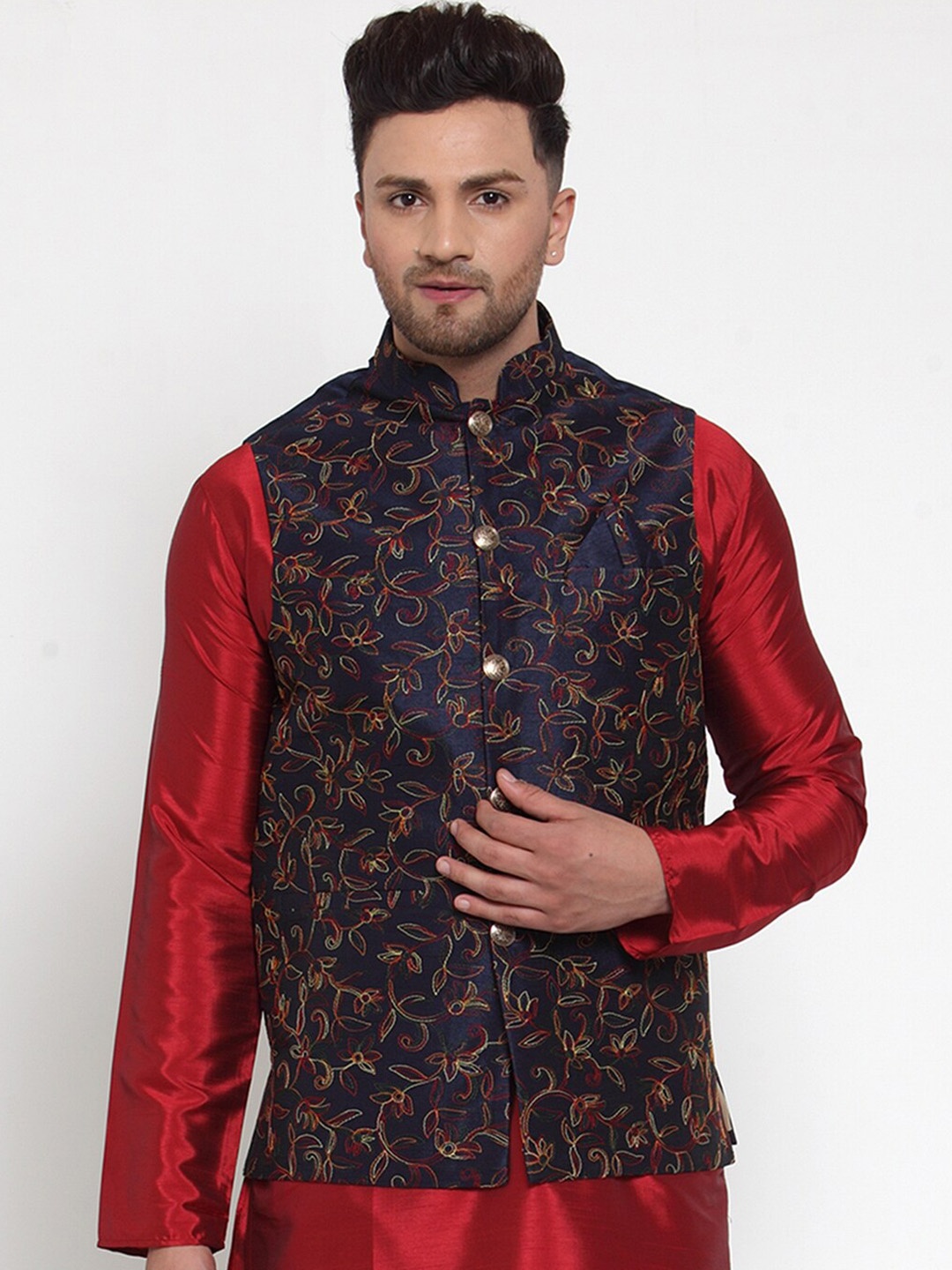 

Jompers Men Navy Blue & Red Embroidered Woven Nehru Jacket