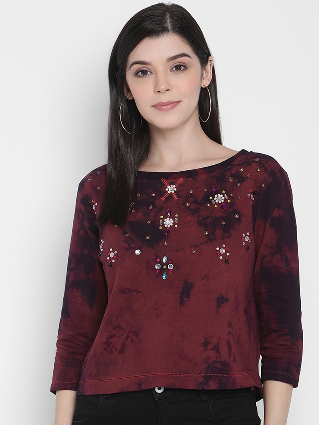 

Porsorte Women Maroon & Black Dyed Embellished Top
