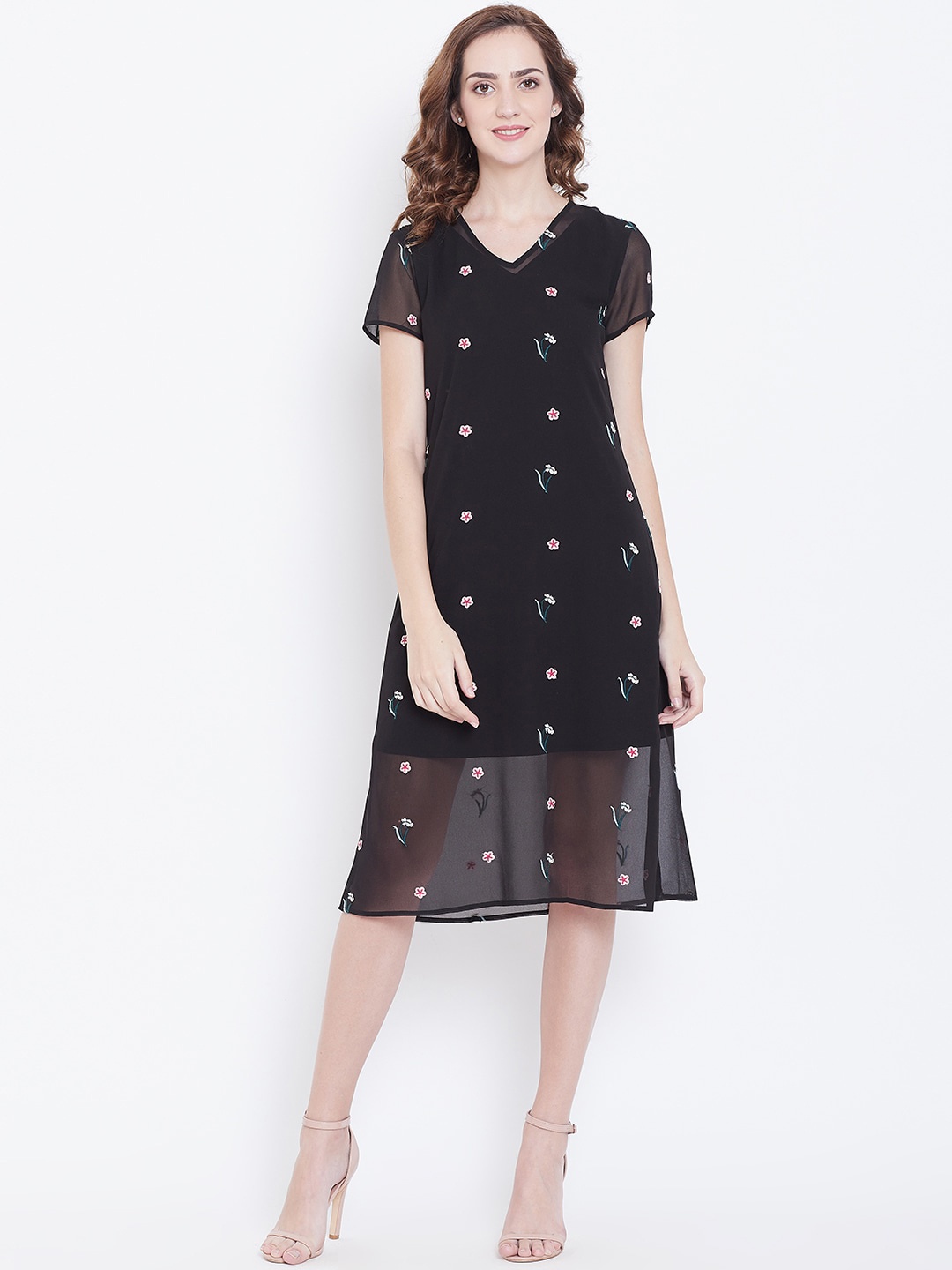 

DODO & MOA Women Black Embroidered A-Line Dress