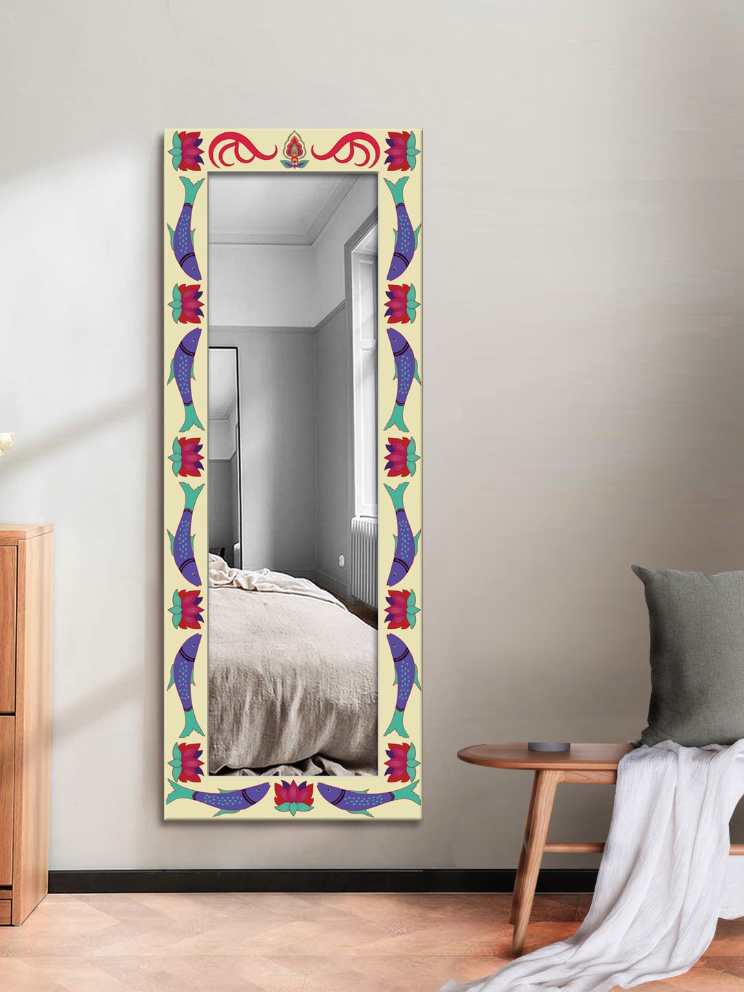 

999Store Off-White & Blue Printed MDF Wall Mirror