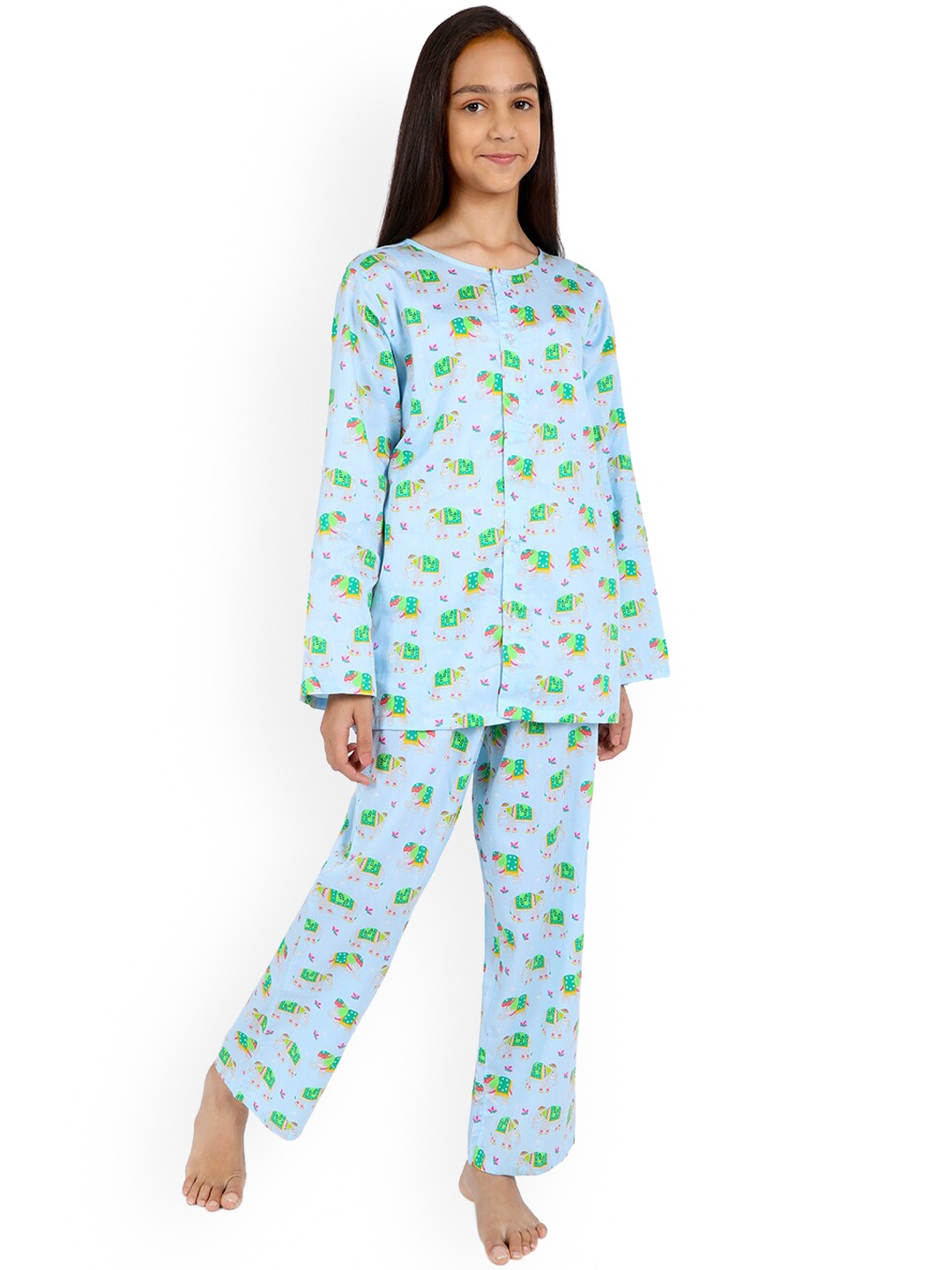 

Nigh Nigh Girls Blue Printed Sustainable Night Suit