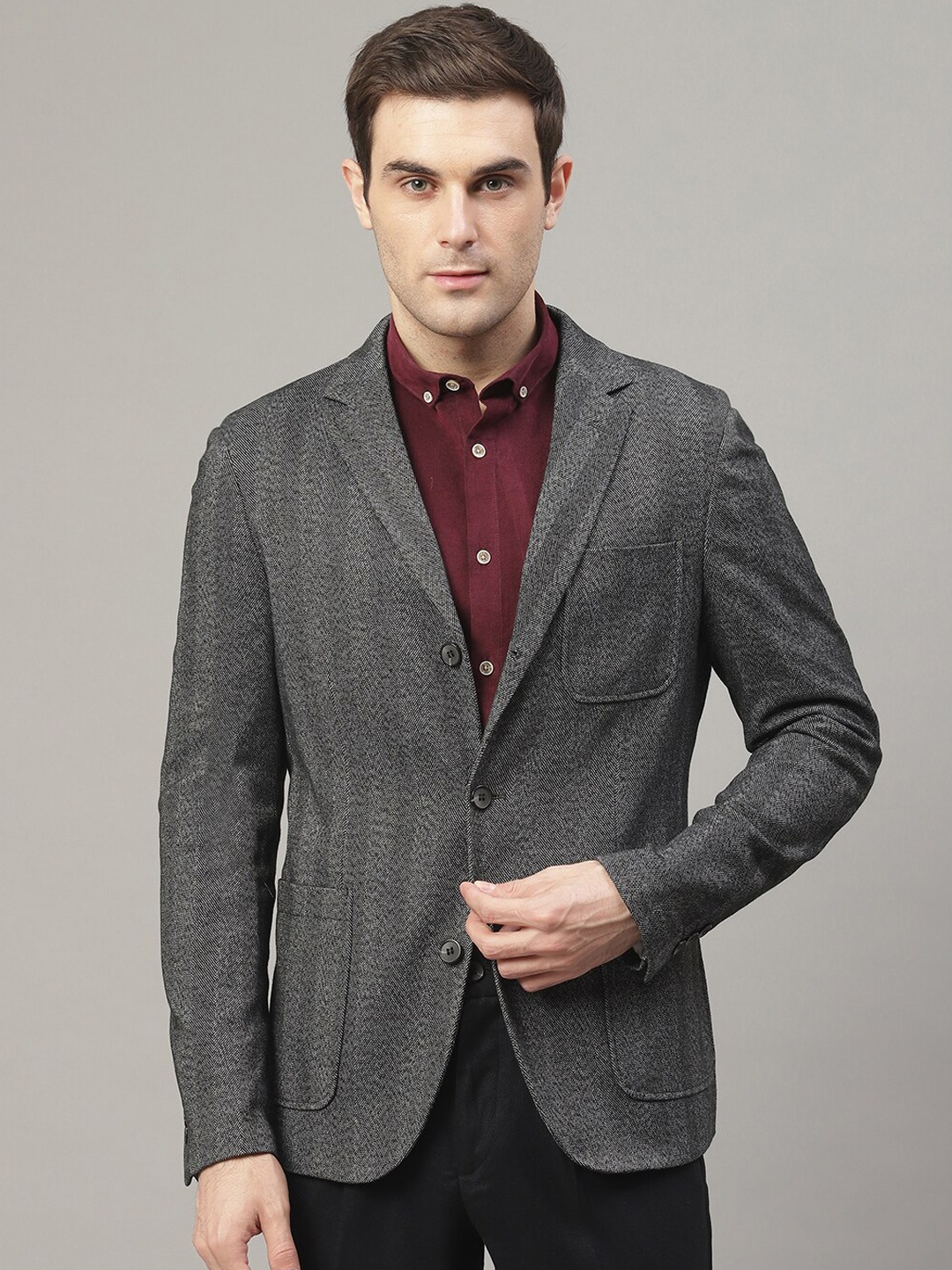 

LINDBERGH Men Charcoal Grey Self-Design Single Breasted Formal Blazer